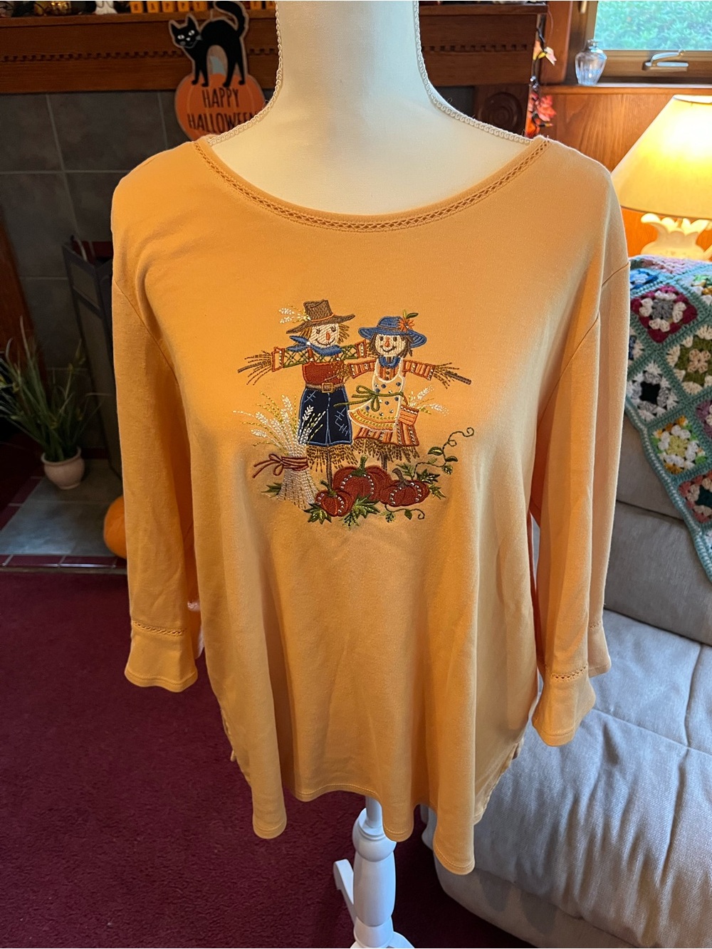 Alfred Dunner Mustard Long-Sleeve Scarecrow Graphic Top Womens XL